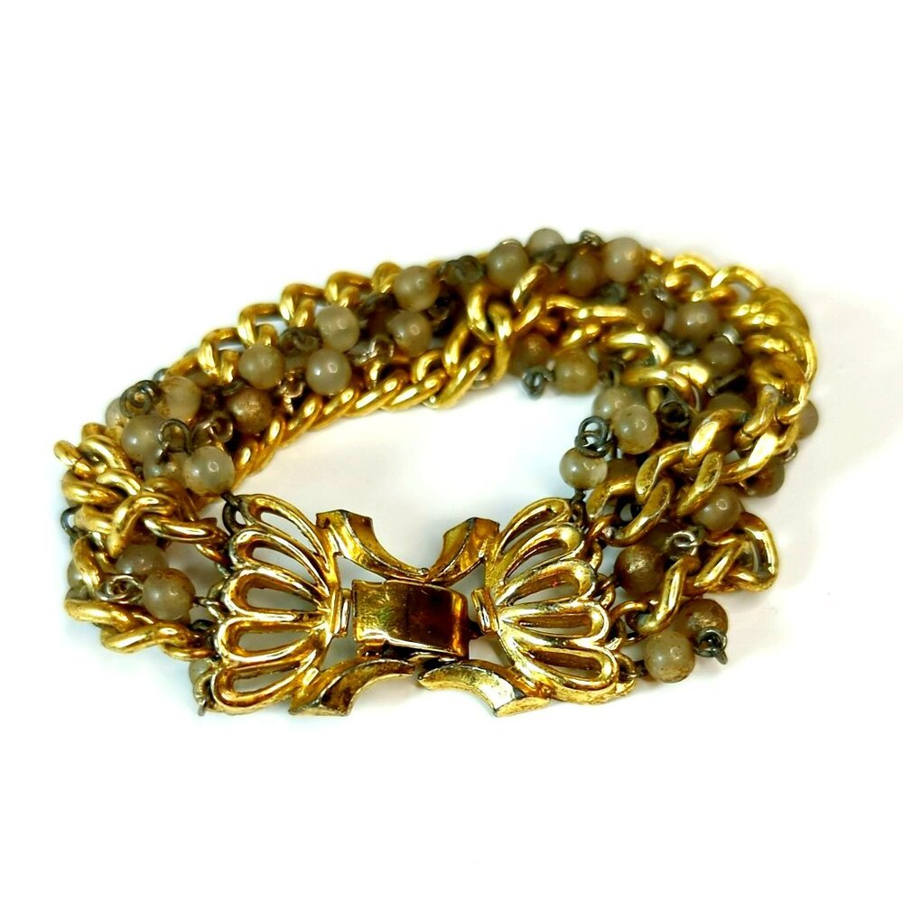 Vintage Lisner Multistrand Gold Tone Gray Rounded Bead Bracelet Fold Over Clasp
